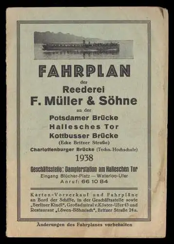 Fahrplan der Reederei F. Müller & Söhne, Berlin, 1938