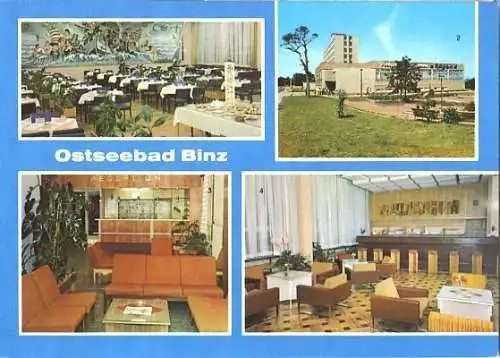 Ansichtskarte, Binz Rügen, 4 Abb., u.a. Urlauberrestaurant, 1985