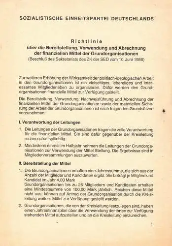 SED, Richtlinie über die ... finanziellen Mittel der Grundorganisationen, 1986