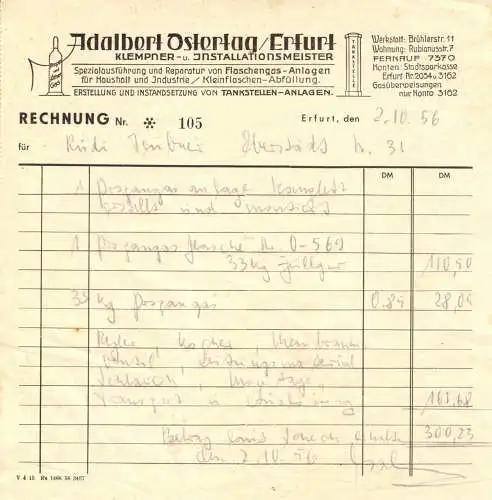 Rechnung, Adalbert Ostertag, Klempner- und Installateurmeister, Erfurt, 2.10.56