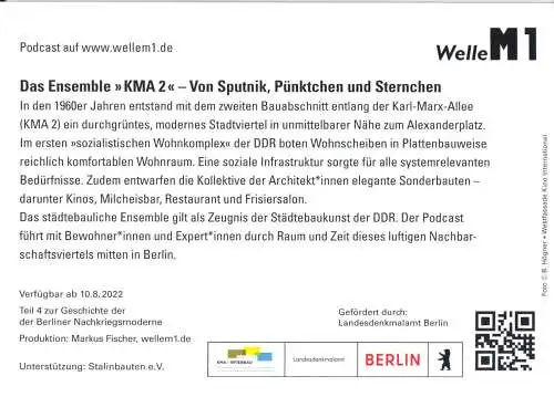 AK, Berlin Mitte, Karl-Marx-Allee, Werbekarte für Podcast der Welle M1, um 2022