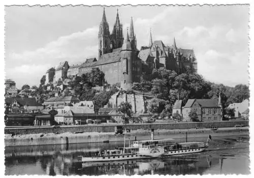 AK, Meißen Elbe, Albrechtsburg und Dom, Raddampfer "Mühlberg", 1966