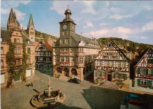 AK, Heppenheim a.d. Bergstraße, Marktplatz mit Rathaus und Goldener Engel, 1969