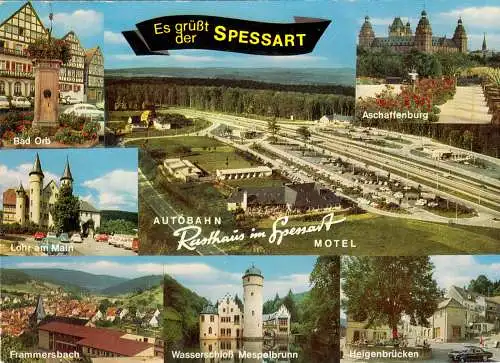 AK, Aschaffenburg, Es grüßt der Spessart, sieben Abb., u.a. Rasthaus, um 1975