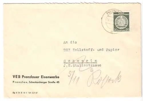 Bedarfsbf., DDR Mi-Nr. Dienst 8xX, EF, o Prenzlau, 4.12.54