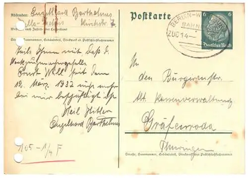 Ganzsache Michel-Nr. DR P 226, o Bahnpost Berlin-Würzburg, Zug 14, 27.10.37