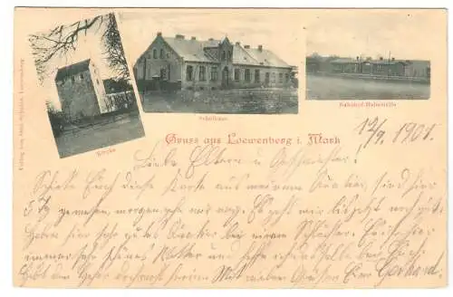 AK, Löwenberg Mark Kr. Gransee, drei Abb., Kirche, Schulhaus, Bahnhof, 1901