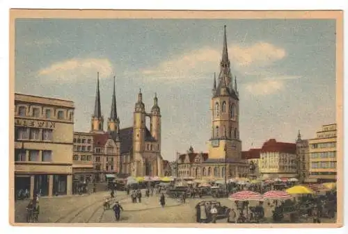 AK, Halle Saale, Marktplatz, früher DDR-Farbdruck, um 1950