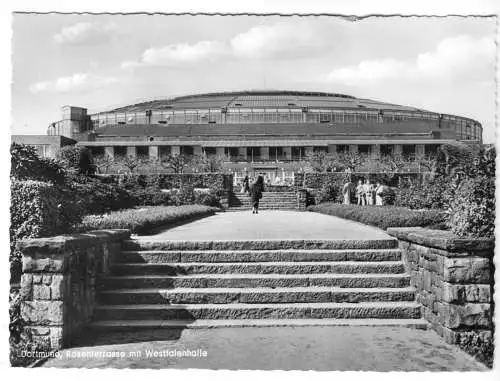 AK, Dortmund, Rosenterrasse mit Westfalenhalle, um 1962