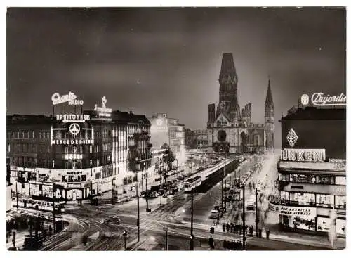 AK, Berlin Charlottenburg, Ku'damm und Gedächtniskirche, Nachtansicht, um 1964