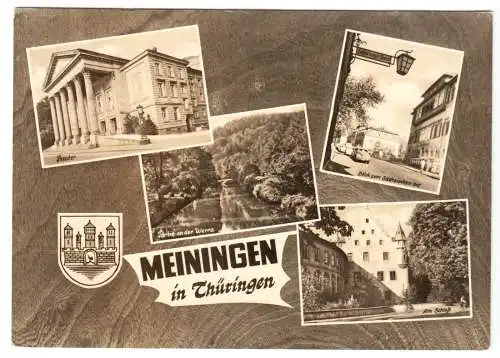 AK, Meiningen Thür., vier Abb. und Wappen, gestaltet, 1966
