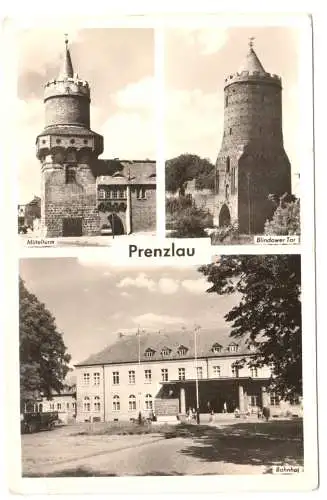 AK, Prenzlau, drei Abb., u.a. Bahnhof, 1958