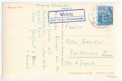 AK, Wolzig, Partie am Woliger See, Landpostst. Wolzig über Königs Wusterh., 1957