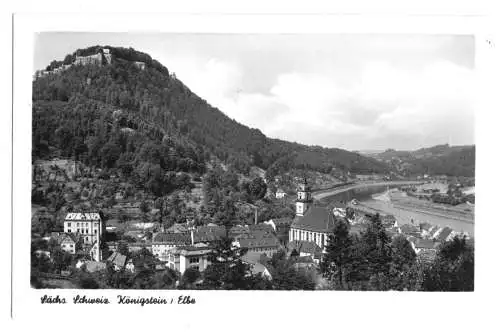 AK, Königstein Elbe, Ortsansicht mit Blick zur Festung, 1956
