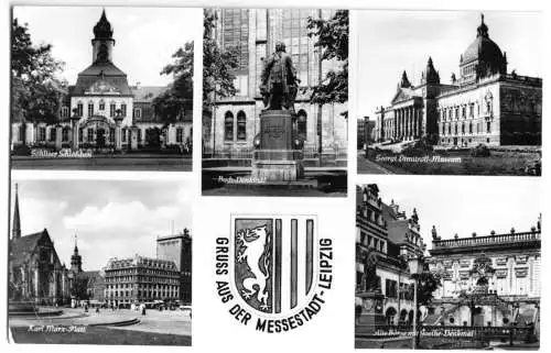 AK, Leipzig, fünf Abb. mit Stadtwappen, 1956