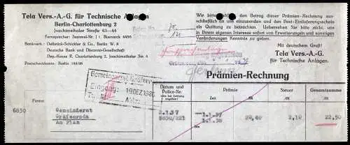 Prämien-Rechnung, Tela Vers.-A.G. für Techniche Anlagen, Berlin, 1937