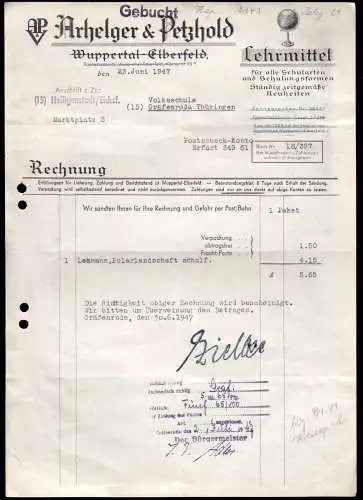 Rechnung, Fa. Arhelger & Petzold, Lehrmittel, Heiligenstadt Eichsf., 23.6.47