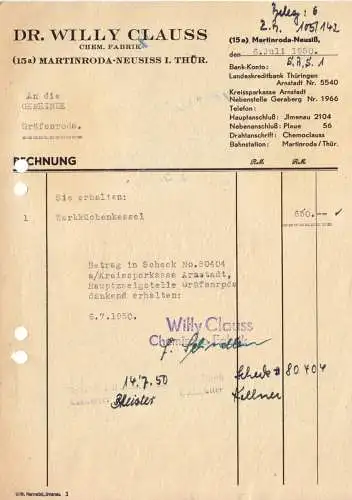 Rechnung, Dr. Willy Clauss, Chem. Fabrik, Martinsroda - Neusiss Thür., 6.7.1950