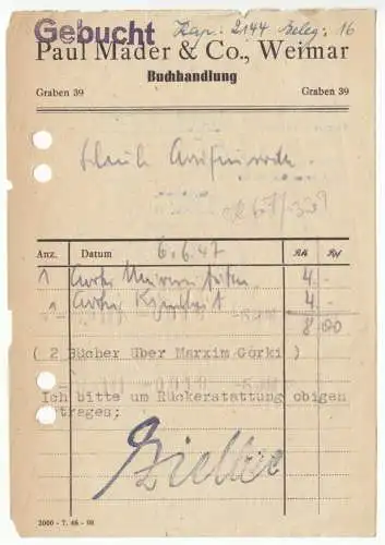 Rechnung, Buchhandlung Paul Mader & Co., Weimar, 6.6.47