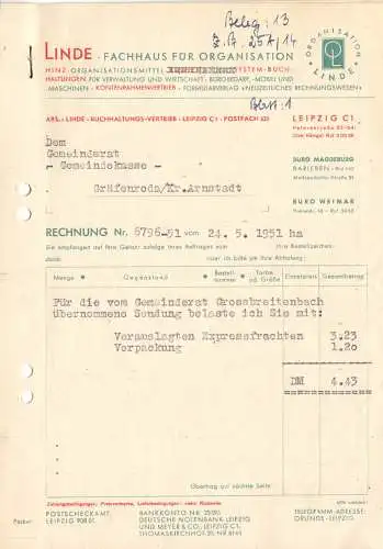 zwei Rechnungen, Linde, Fachhaus für Organisation, Leipzig C 1, 24.5.1951