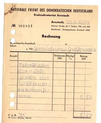 Rechnung, Nationale Front des Demokratischen Deutschalnds Arnstadt, 20.9.1954