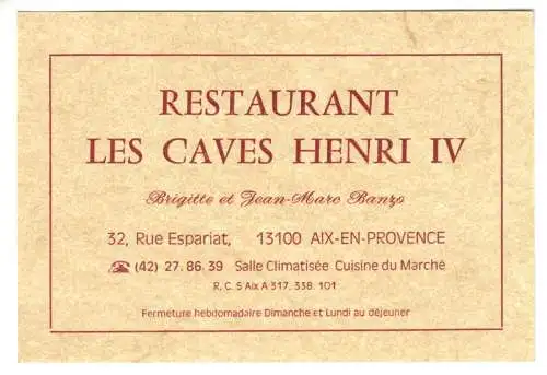 Werbekarte, Aix-en-Provence, Restaurant  les Caves Henri IV, um 2000