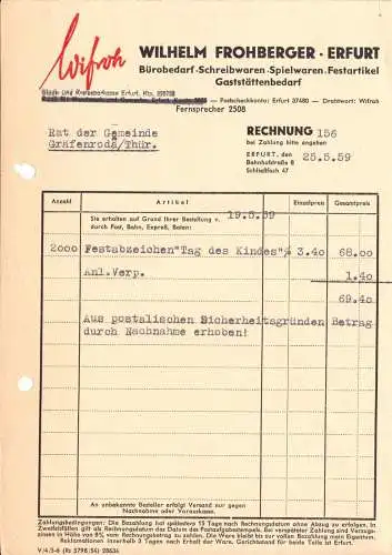 Rechnung, Wilhelm Frohberger, Erfurt, Bürobedarf, Schreibwaren ..., 25.5.59