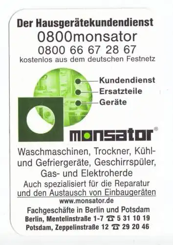 Kalender Scheckkartenformat, 2006, Werbung: Haushaltsgerätekundendienst monsator