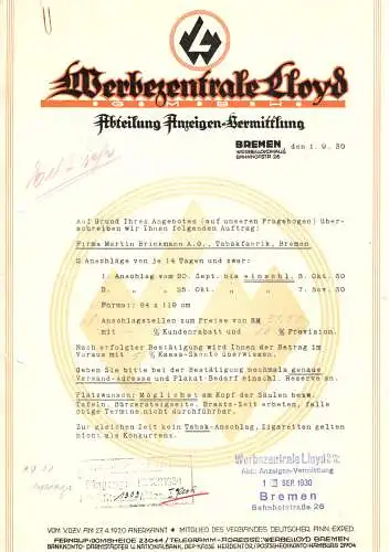 Anschreiben, Werbungszentrale Lloyd, Bremen, 1.9.1930