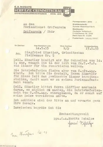 Anschreiben, Maschinenfabrik Schulze, Crimmitschau, Urlaubsplatz in Gräfenroda