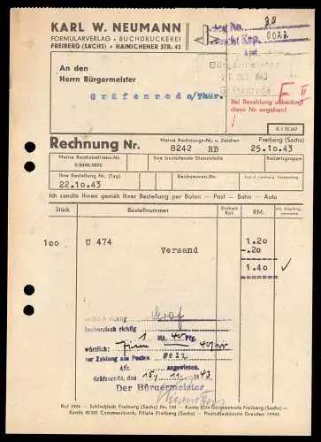 Rechnung, Karl W. Neumann, Formularverlag, Freiberg Sachs., 25.10.43