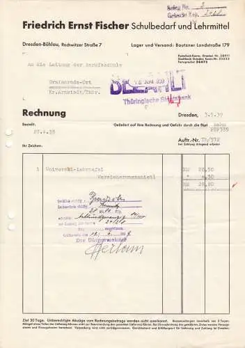 Rechnung, Fa. Friedrich Ernst Fischer, Schulbedarf, Dresden - Bühlau, 3.5.39