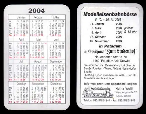 Kalender Scheckkartenformat, 2004, Werbung: Modellbahnbörse in Potsdam Drewitz