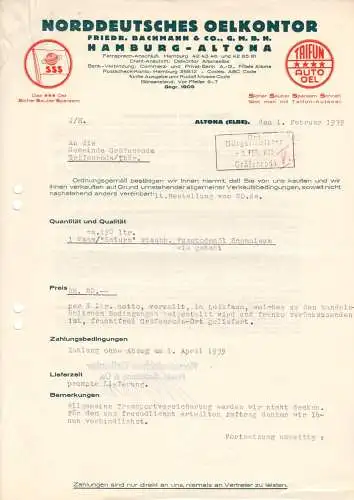 Rechnung, Norddeutsches Oelkontor Friedr. Bachmann & Co., Hamburg Altona, 1.2.39