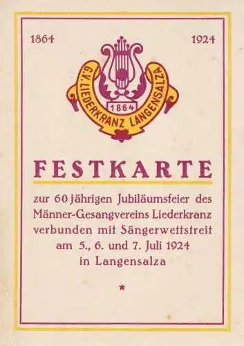 Festkarte, 60 Jahre Männer-Gesangverein Liederkranz, Langensalza, Juli 1924
