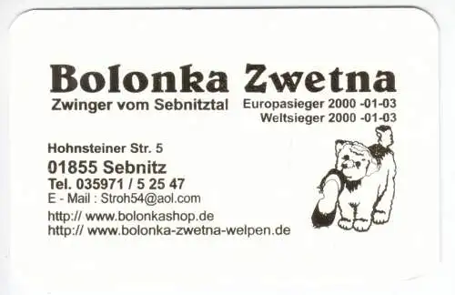 Kalender Scheckkartenformat, 2015, Werbung: Zwinger vom Sebnitztal