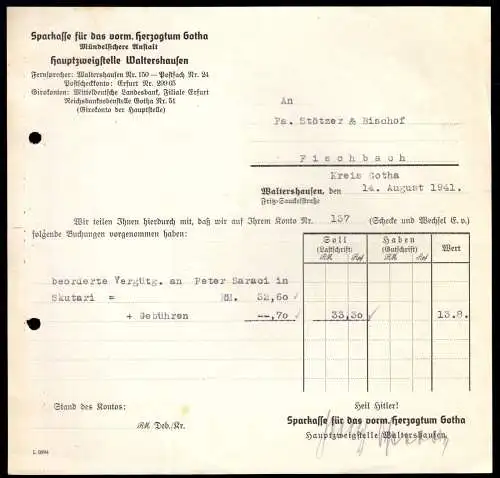 Anschreiben, Sparkasse für das vorm. Herzogtum Gotha, Kontenbeleg, 14.8.41