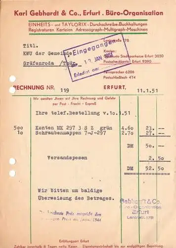 Rechnung, Fa. Karl Gebhardt & Co., Büro-Organisation, Erfurt, 11.1.51