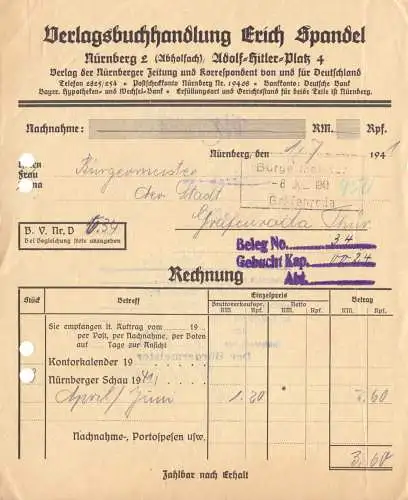 Rechnung, Erich Spandel, Verlagsbuchhandlung, Nürnberg, 1.7.41