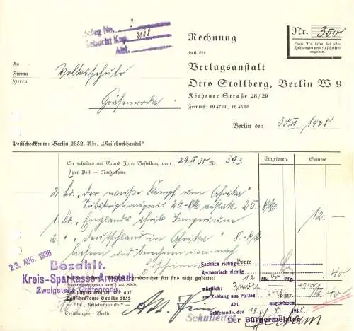 Rechnung, Verlagsanstalt Otto Stollberg, Berlin W 9, 1938
