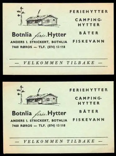 Werbekarten (2), Botnlia, 7460 Roros, Norwegen, Ferien- und Campinghütten, 1985