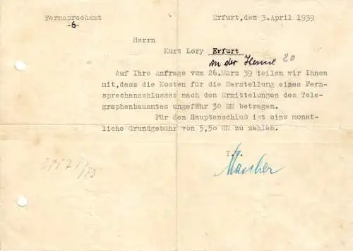 Anschreiben, Fernsprechamt -6-, Erfurt, Herstellung Telefonanschluß, 3.4.1939