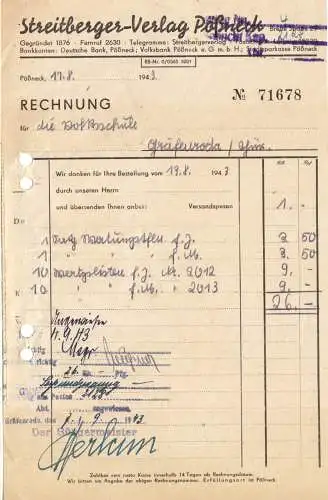 Rechnung, Streitberger Verlag, Pößneck, 17.8.43