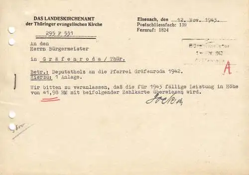 Anschreiben, Landeskirchenamt d. Thüringer ev. Kirche, Eisenach, 12.11.1943