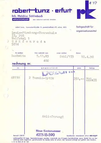 Rechnung, Fa. Robert Kunz, Erfurt, Robotron-Vertrieb, 10.4.90