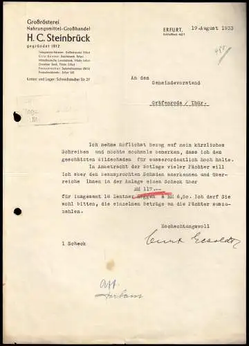 Anschreiben, Fa. H. C. Steinbrück Erfurt, Anerkennung Wildschaden, 19.8.33