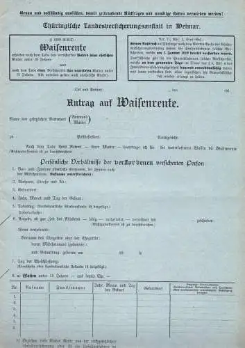 Thüringische Landesversicherungsanstalt Weimar, Antrag  auf Waisenrente, 1916