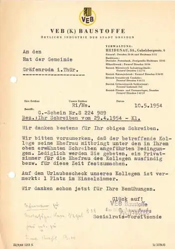 Anschreiben, VEB (K) Baustoffe Dresden, Urlaubsplatz in Gräfenroda, 10.5.54