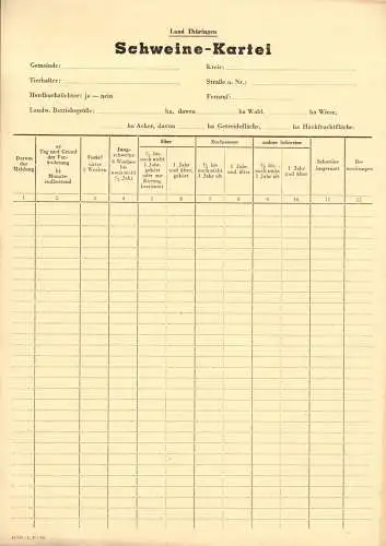 Schweine-Kartei, Land Thüringen, Blatt blanko, 1947