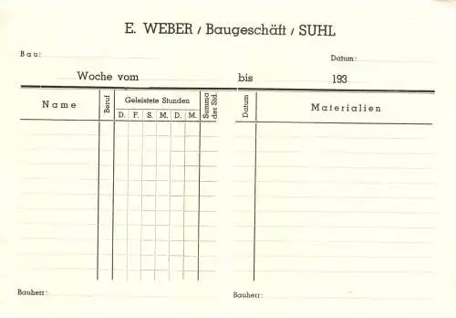 Abrechnungsbogen blanko, Baugeschäft E. Weber Suhl, 1930er